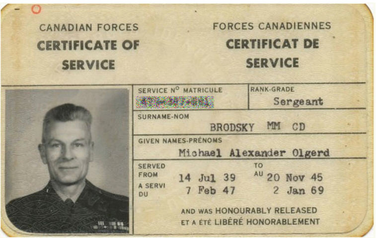 Certificate of Service, Sgt Michael Alexander Olgerd Brodsky MM, CD (Ret’d)