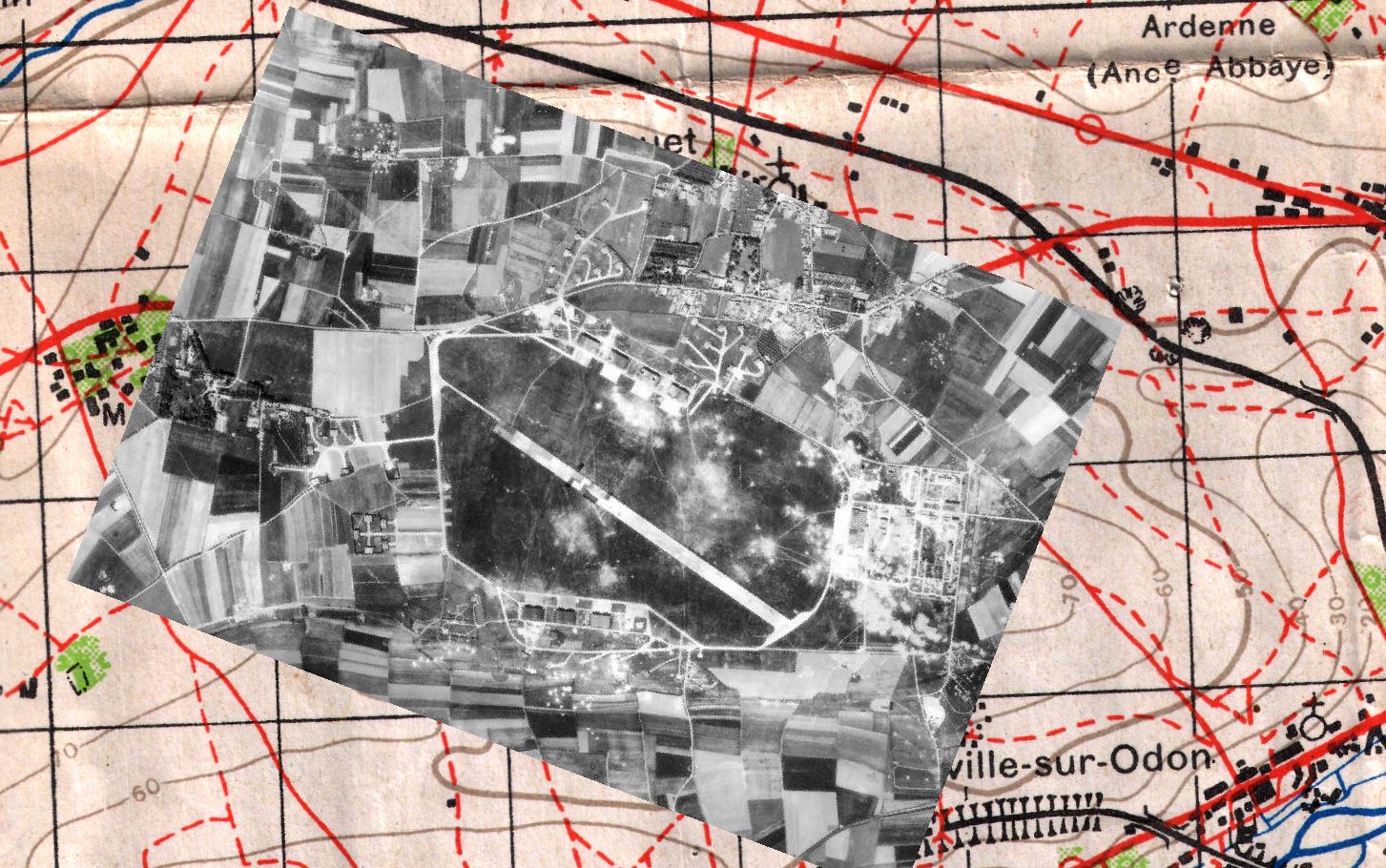 Aerial view of Carpiquet Airport superimposed on 1:50 map