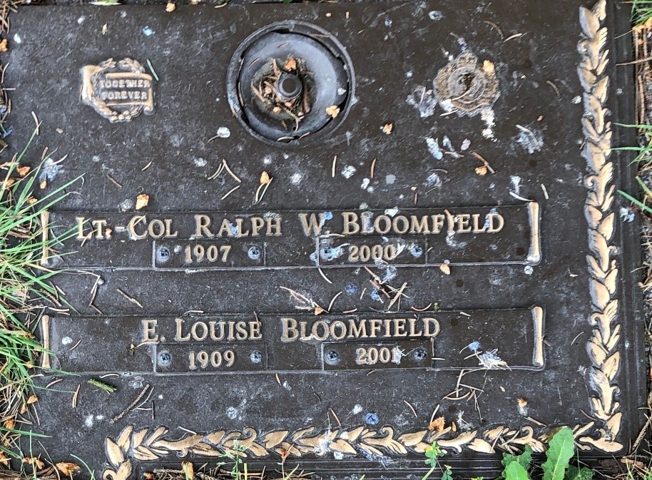 Lt-Col Ralph Bloomfield, CD (Ret'd) grave marker in the Valley View Memorial Gardens in Surrey