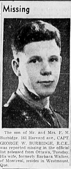 Newpaper clipping announcing Burbidge Missing in Action