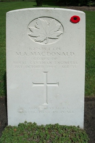 L/Cpl Murdock Alex MacDonald's Grave Marker in the McCaw, Spr Lorne Robert Grave Marker Bergen-Op-Zoom Canadian War Cemetery