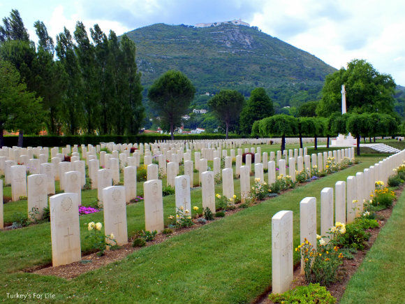 The Cassino Commonwealth War Cemetery with Monte Cassino in the background.