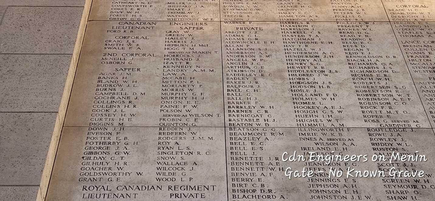 Photo 3 Names of Canadian Engineers with 'No Known Grave' on the Menin Gate