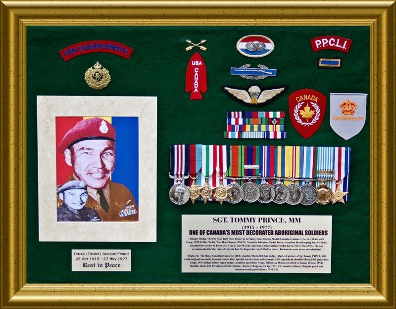Prince, Tommy Prince's medals and insignia in the Sir Sam Steele Legion Branch in Winnipeg (replicas). (HIs original medals hang in the Manitoba Museum)