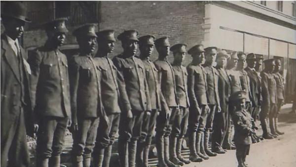 Members of the No. 2 Construction Battalion line up in Truro, N.S., before they depart for England and France in WW I. (Submitted by George Borden)