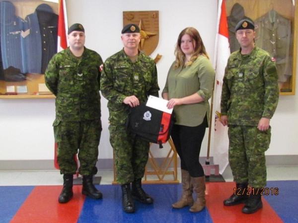 Talia Morgan receives CMEA Bursary Cheque from CMEA Chapter President, MWO Shawn Stoot: Cpl Levi Malmas, MWO Shawn Sloot, Talia Morgan, MWO Bill Lovely