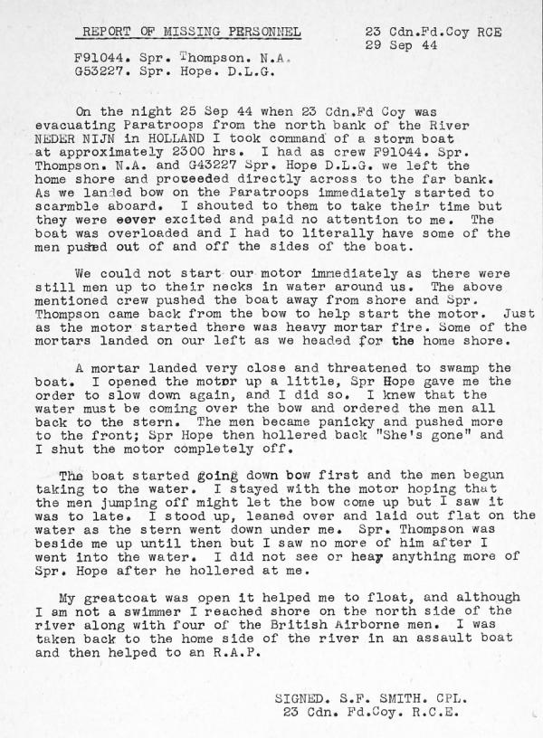 Report of Missing Personnel - Thompson & Hope 29 Sep 44