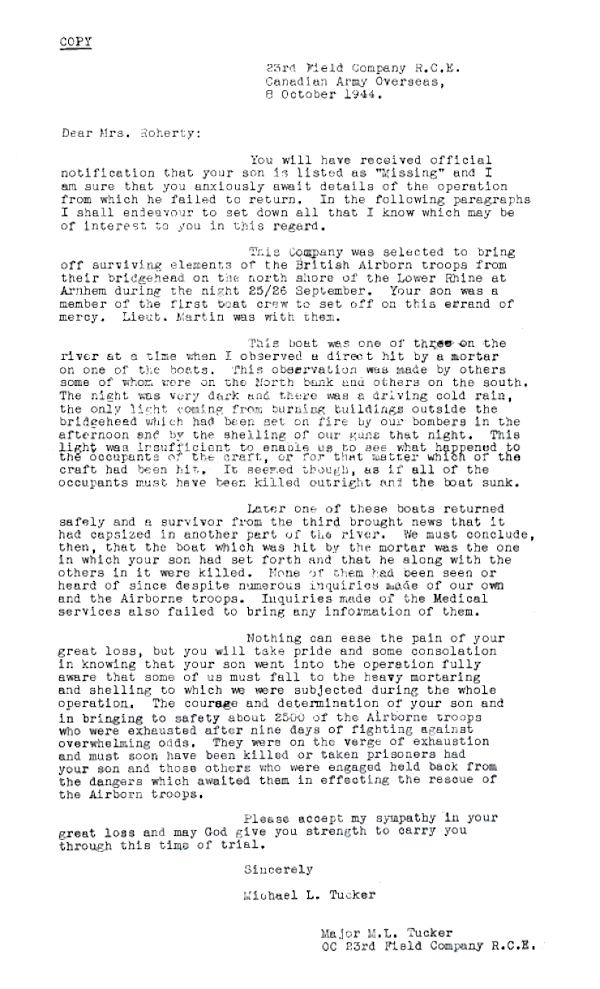 Letter to Spr Leslie Rohery's parents from Major Michael Tucker