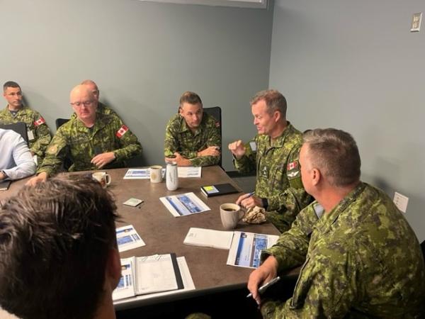 Left to right, RPOU(W) RSM, CWO Eric Barney; RPOU(W) CO, LCol John Hallett; are meeting with 3rd Div Comd, Brigadier-General Steven Graham and the DSM, CWO Wayne Bantock.