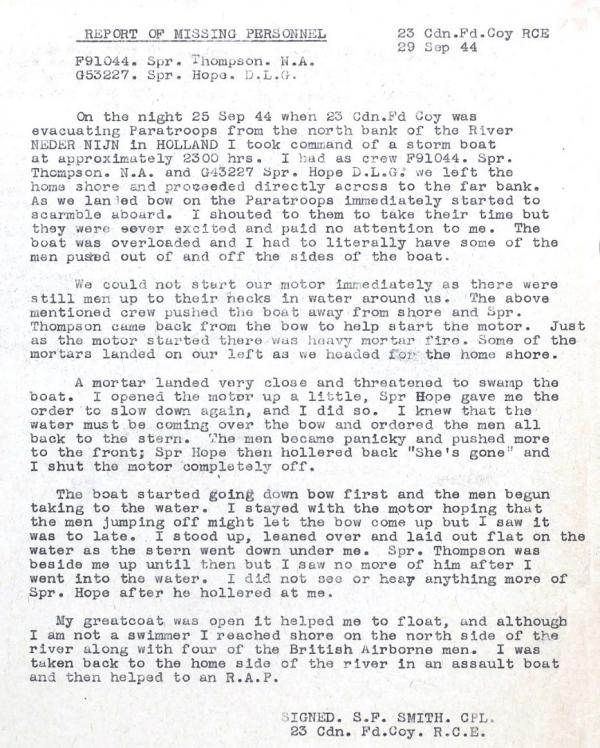 Report from Cpl Smith on ;oss of Sprs Thompson and Hope