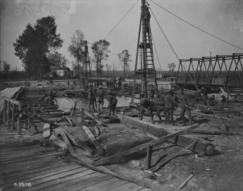 Canadian Engineers replacing wooden bridge over Canal du Nord, Nov 18