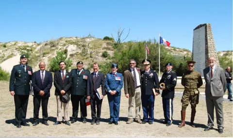 Left to right: LCol David Burbridge (CME), Mr. Jean Michel Mormone (CFAA), Mr. Kevin Laussu (CFAA), CWO Bruce Blanchard (CME), Consul Daniel Hall (for US in Bordeaux), LCol Lee Goodman (CME), Mr. David Devigne (CFAA), Major David Kopecky (US Army), Sgt Peter Schiller (US Army), Mr. Christophe Haen (friend of David Devigne), Mr. Christian Tauziède (CFAA), Absent: Mr. Al Gaudet (CFAA)