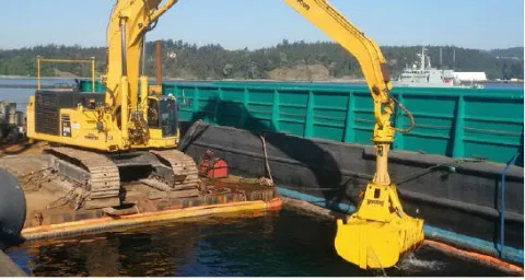 Special cranes, equipped with GPS technology are being used to accurately scoop up the top metre of sediment in areas that have been found to contain pollutants.