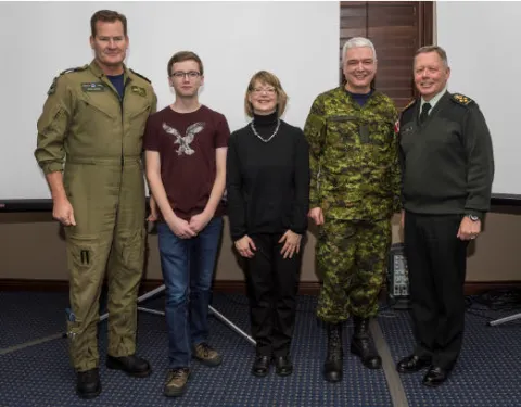 From left to right: LGen Michael Hood, Comd RCAF, Ben Horgan, Christine Horgan, BGen Kevin Horgan and Gen Jonathan Vance, Chief of the Defence Staff