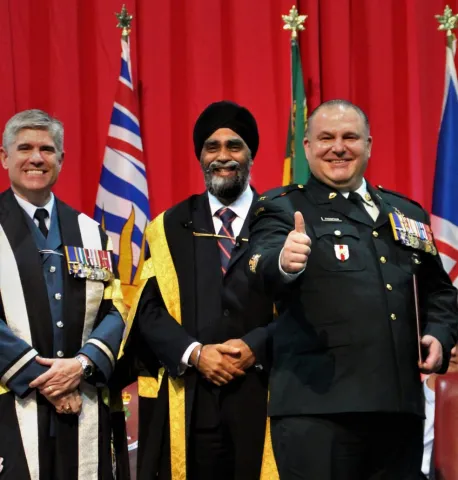 From left to right: Comdt RMC, BGen Sean Friday; MND, Harjit Singh Sajjan; and CWO Mike Thompson